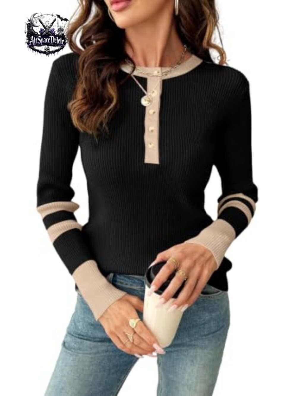 SHEWIN Patchwork Button Knit Sweater Slim Fit V-Neck Long Sleeve Pullover